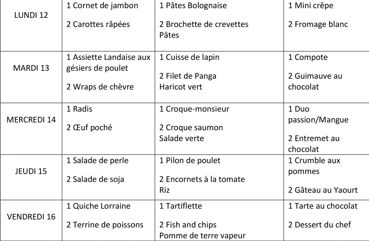 MENU SEMAINE 15